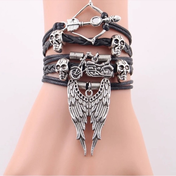 Punk Men Bracelet Arrow Skull Angel Wing Biker Charm PU Leather wrap bracelet - Picture 3 of 6